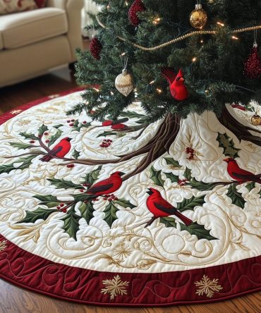 Cream Cardinal & Holly Christmas Tree Skirt — Custom Made-To-Order Holiday Skirt With Traditional Berries And Elegant Neutrals
