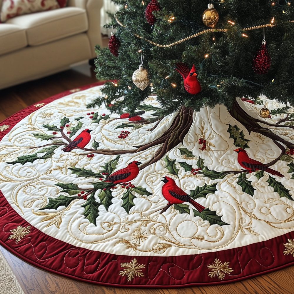 Cream Cardinal & Holly Christmas Tree Skirt — Custom Made-To-Order Holiday Skirt With Traditional Berries And Elegant Neutrals