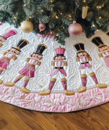Pink Nutcracker Ballet Row Christmas Tree Skirt — Feminine Ballet-Inspired Nutcracker Skirt In Blush Pink, Custom Sizes & Embroidery