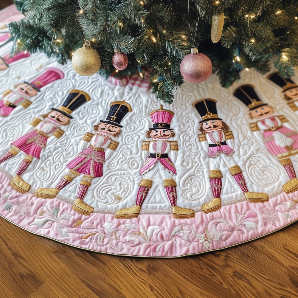 Pink Nutcracker Ballet Row Christmas Tree Skirt — Feminine Ballet-Inspired Nutcracker Skirt In Blush Pink, Custom Sizes & Embroidery