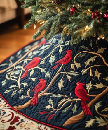 Navy And Gold Cardinal Christmas Tree Skirt — Made-To-Order Luxury Holiday Skirt With Golden Leaves Accent, Handcrafted For Festive Homes