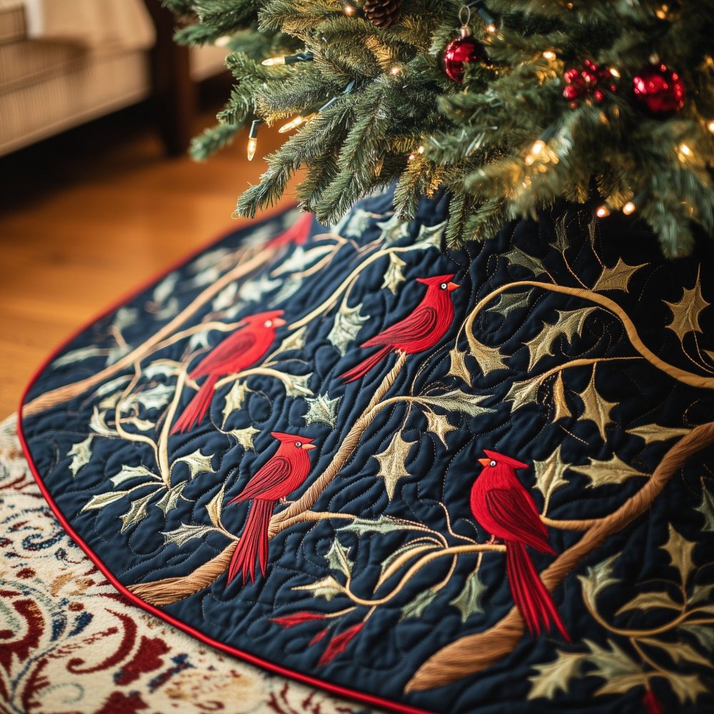 Navy And Gold Cardinal Christmas Tree Skirt — Made-To-Order Luxury Holiday Skirt With Golden Leaves Accent, Handcrafted For Festive Homes