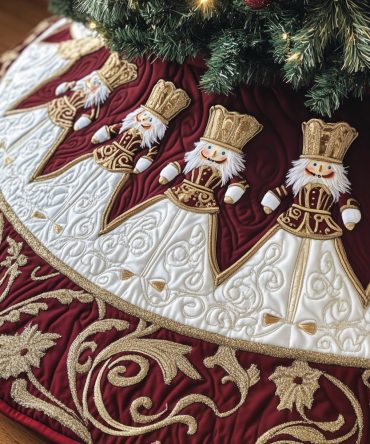 Nutcracker Kings On Wine Star Christmas Tree Skirt — Dramatic Wine & Gold Holiday Skirt With Nutcracker Motif, Custom Fit Options