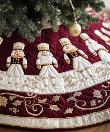 White & Gold Nutcracker Christmas Tree Skirt — Elegant Nutcracker Row On Ivory With Gold Accents, Custom Sizes For Holiday Staging