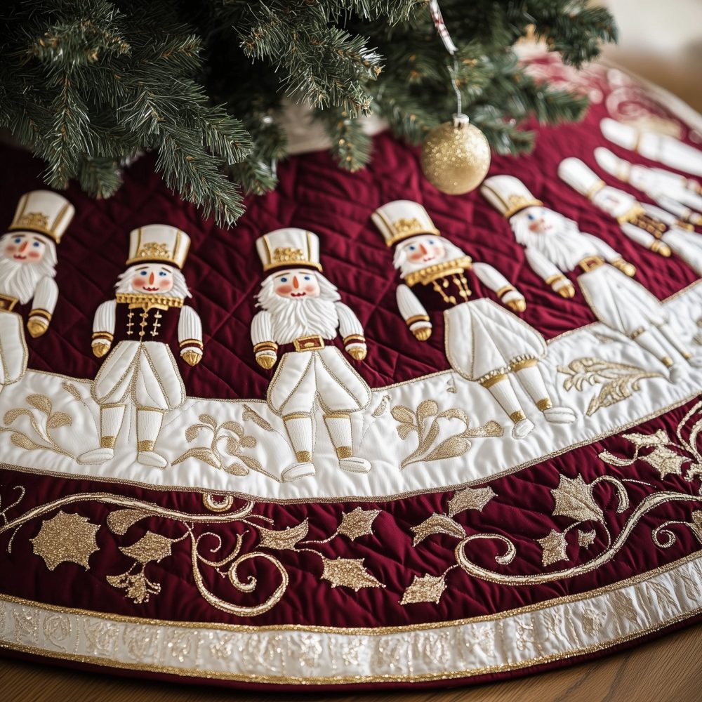 White & Gold Nutcracker Christmas Tree Skirt — Elegant Nutcracker Row On Ivory With Gold Accents, Custom Sizes For Holiday Staging
