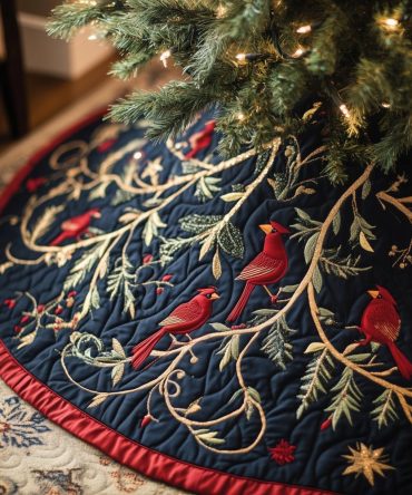 Cardinals On Golden Branches Christmas Tree Skirt — Handmade Made-To-Order Luxurious Holiday Skirt