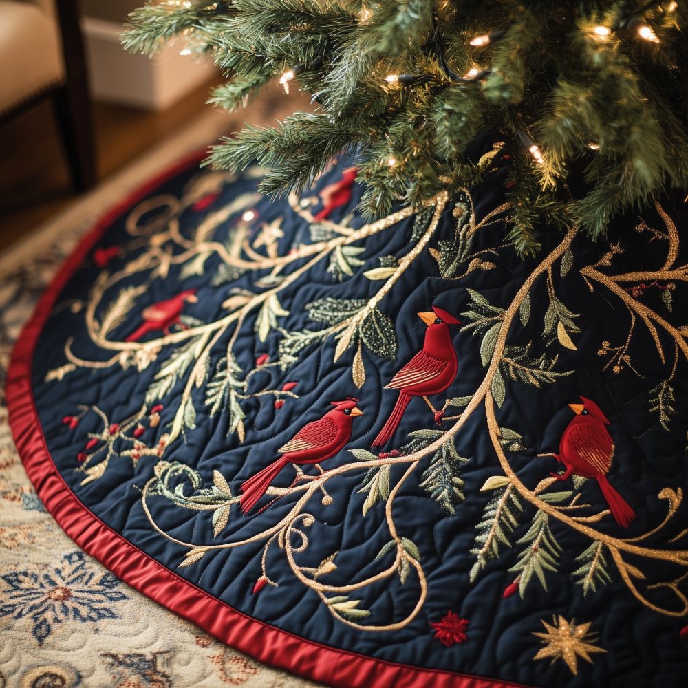 Cardinals On Golden Branches Christmas Tree Skirt — Handmade Made-To-Order Luxurious Holiday Skirt