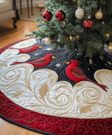 Handmade Cardinal Christmas Tree Skirt With Red Swirl Border — Made-To-Order Holiday Tree Skirt For Elegant Seasonal Decor
