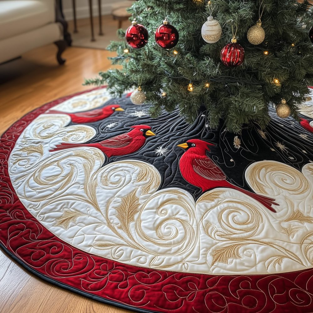 Handmade Cardinal Christmas Tree Skirt With Red Swirl Border — Made-To-Order Holiday Tree Skirt For Elegant Seasonal Decor