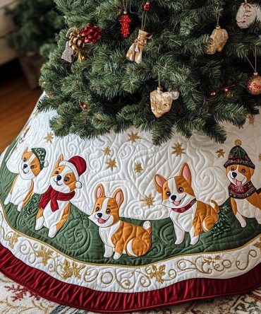 Green Hem Corgis In Scarves Custom Christmas Tree Skirt — Handmade Holiday Skirt With Playful Corgi Designs And Emerald Trim