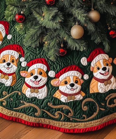 Emerald Corgis With Santa Hats Christmas Tree Skirt — Custom Handmade Festive Tree Skirt Featuring Corgis In Holiday Hats