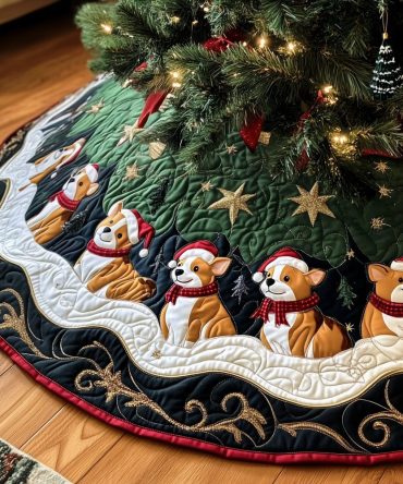 Starry Green Corgi Ring Christmas Tree Skirt — Custom Handmade Festive Tree Skirt With Corgi Silhouettes And Star Accents