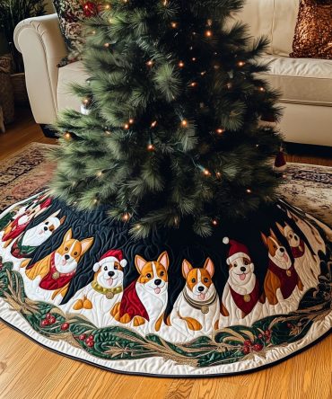Snow Band Corgis In Scarves Tree Skirt — Custom Handmade Winter Dog Christmas Tree Skirt With Cozy Scarf Designs, Personalized Fit