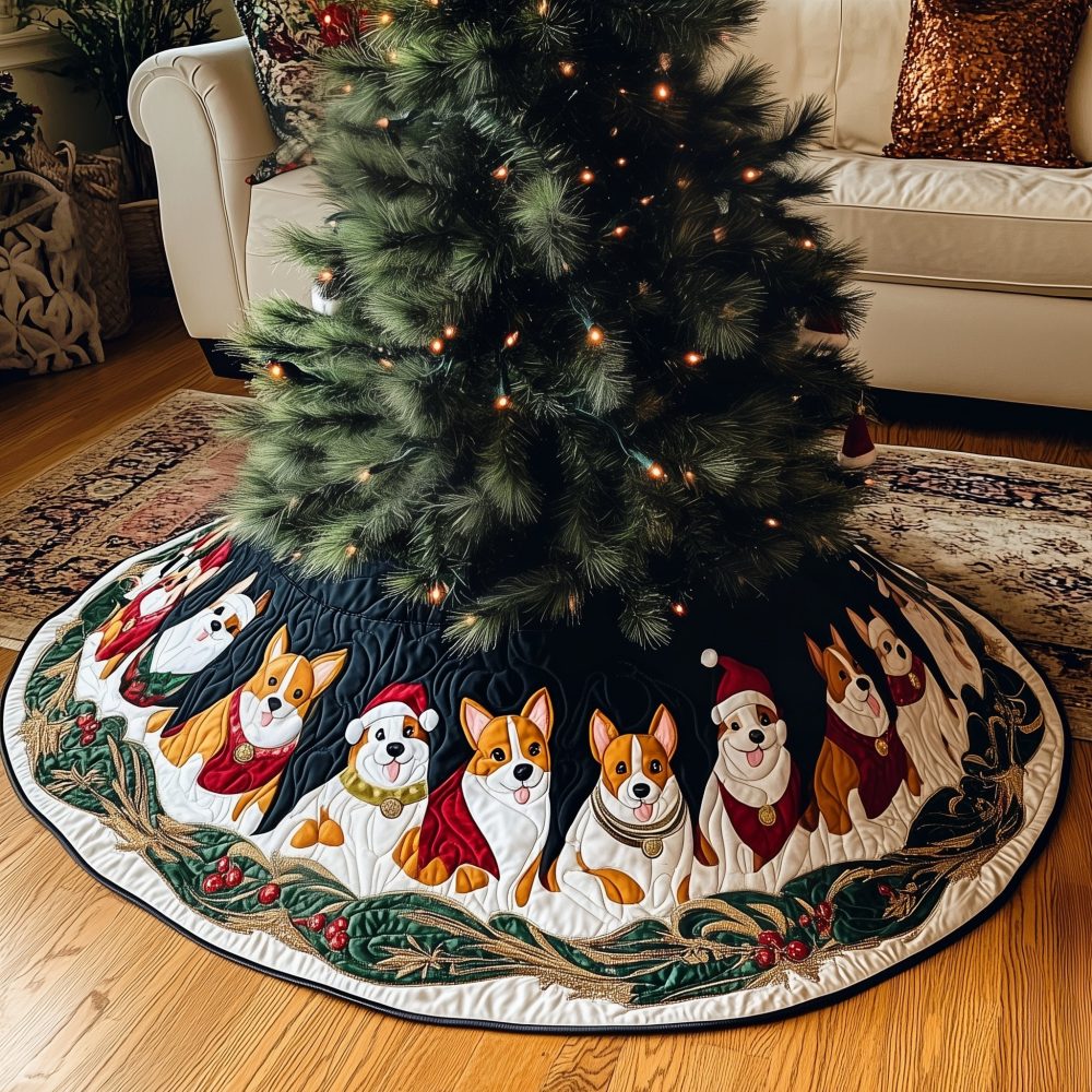 Snow Band Corgis In Scarves Tree Skirt — Custom Handmade Winter Dog Christmas Tree Skirt With Cozy Scarf Designs, Personalized Fit