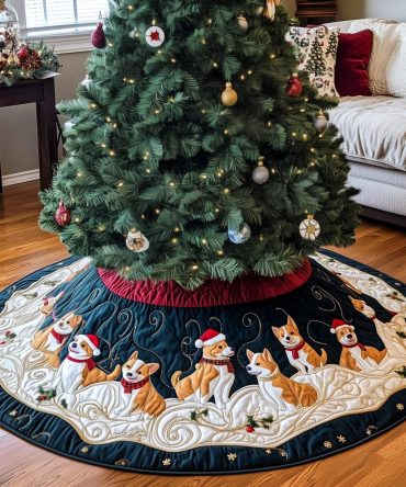 Gold Holly Hem Corgi Row Christmas Tree Skirt — Custom Handmade Festive Tree Skirt With Gold Trim, Perfect For Corgi Households