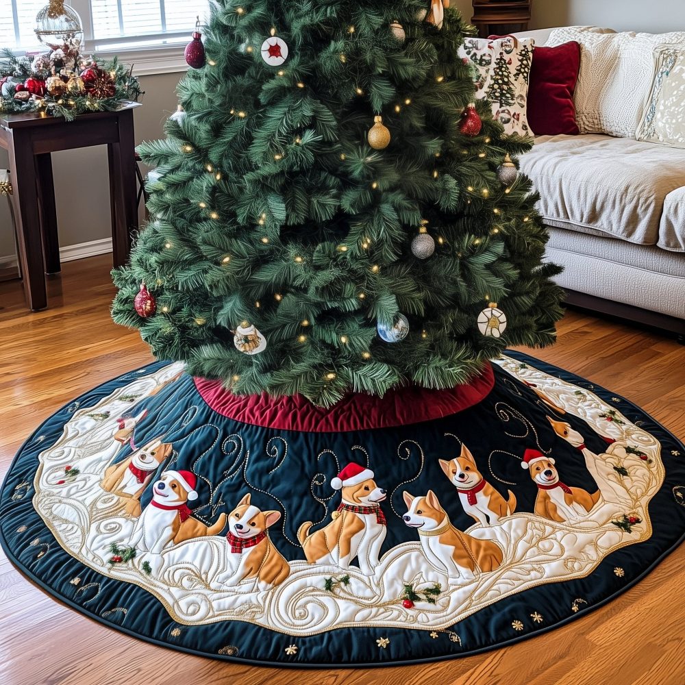 Gold Holly Hem Corgi Row Christmas Tree Skirt — Custom Handmade Festive Tree Skirt With Gold Trim, Perfect For Corgi Households
