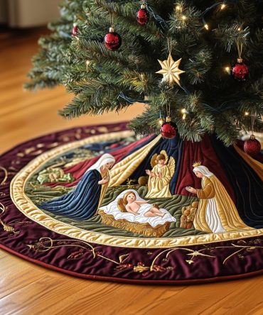Manger Angels Holiday Tree Skirt — Handcrafted Nativity Design With Serene Angel Figures, Custom Sizes & Durable Finish