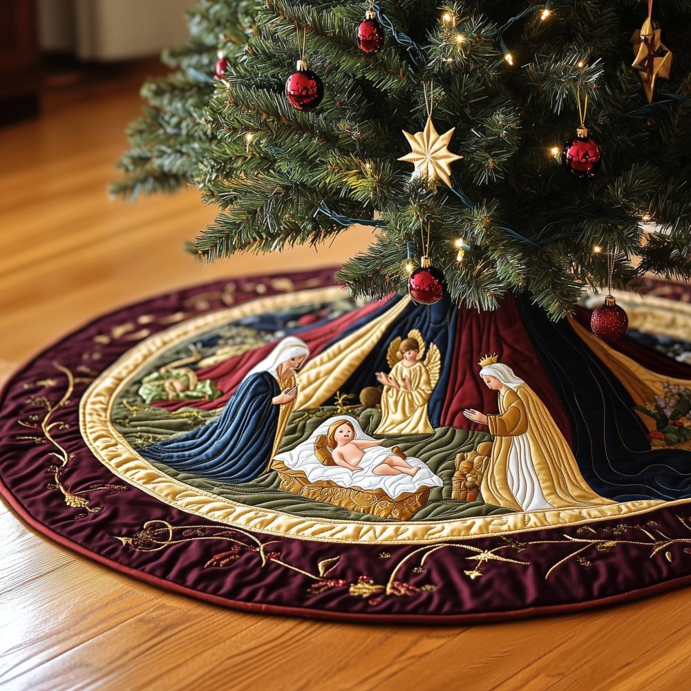 Manger Angels Holiday Tree Skirt — Handcrafted Nativity Design With Serene Angel Figures, Custom Sizes & Durable Finish
