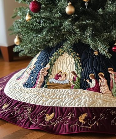 Wreath Cave Nativity Tree Skirt — Unique Handmade Manger Scene Wrapped In Wreath Motif, Custom Holiday Orders
