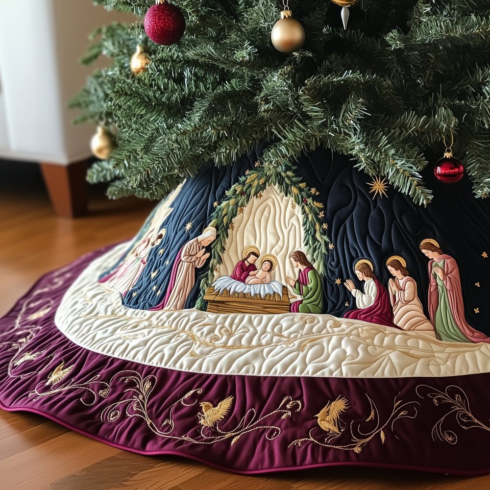 Wreath Cave Nativity Tree Skirt — Unique Handmade Manger Scene Wrapped In Wreath Motif, Custom Holiday Orders