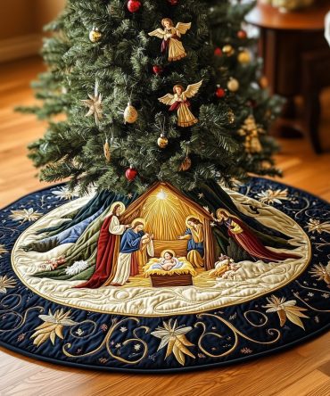 Golden Stable Angel Tree Skirt — Handcrafted Plush Christmas Skirt With Angel Motif And Gold Accents, Custom Fit