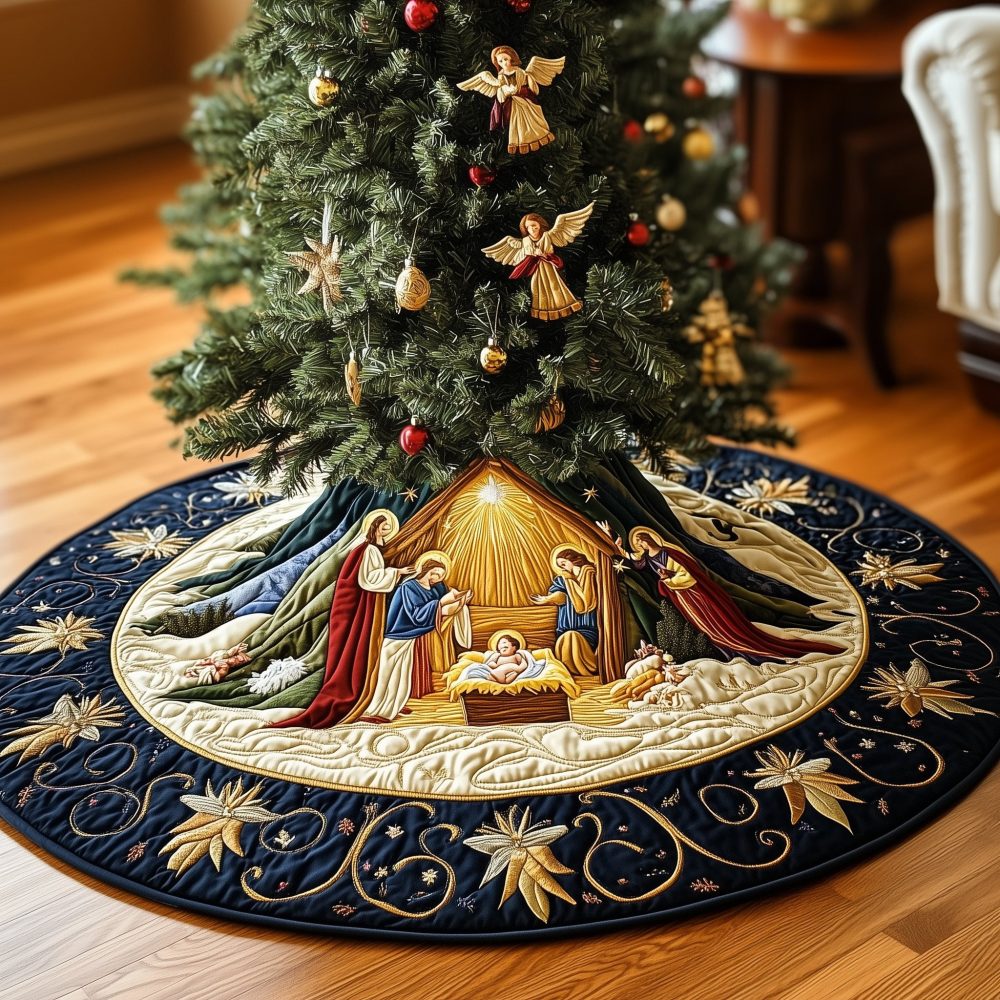 Golden Stable Angel Tree Skirt — Handcrafted Plush Christmas Skirt With Angel Motif And Gold Accents, Custom Fit