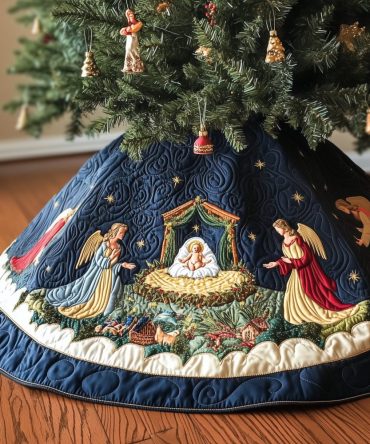 Cradle Angels Nativity Tree Skirt — Handcrafted Religious Christmas Skirt With Watching Angels Motif, Custom Sizes Available