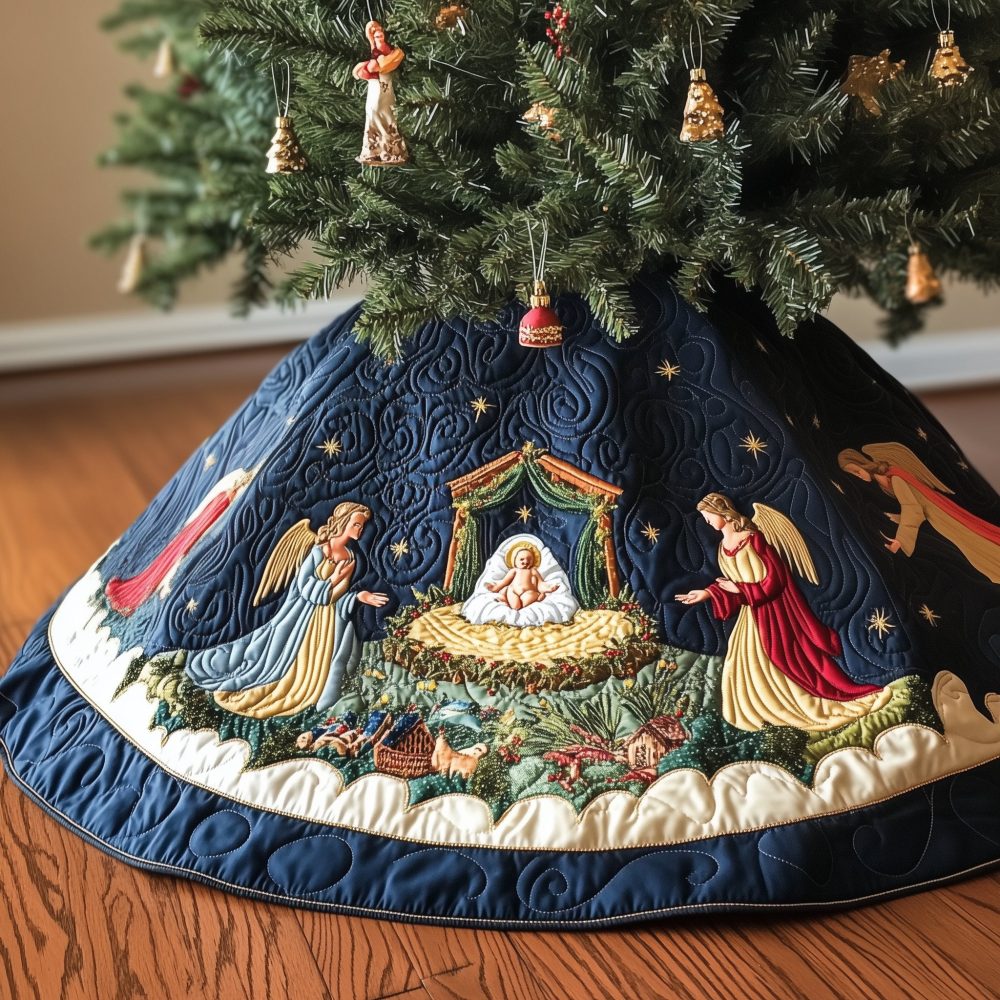 Cradle Angels Nativity Tree Skirt — Handcrafted Religious Christmas Skirt With Watching Angels Motif, Custom Sizes Available