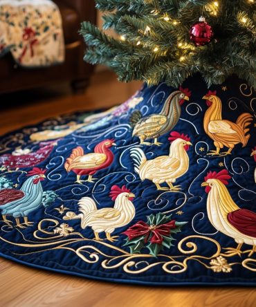 Holiday Chicken Tree Skirt - Whimsical Handmade Christmas Tree Skirt With Chicken Motif, Customizable Colors