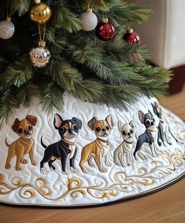 Gold Scroll Chihuahua Pack Christmas Tree Skirt — Custom Handmade Luxury Tree Skirt Featuring Elegant Gold Accents, Pet-Themed Decor
