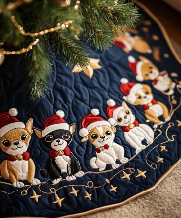 Navy Stars Chihuahua Christmas Tree Skirt — Festive Chihuahuas In Hats, Custom-Made, Perfect Small Dog Lover Gift