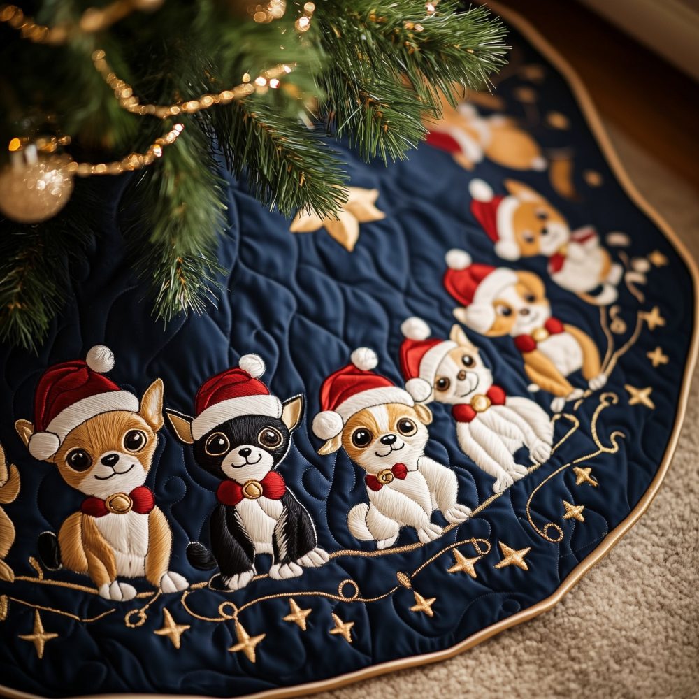 Navy Stars Chihuahua Christmas Tree Skirt — Festive Chihuahuas In Hats, Custom-Made, Perfect Small Dog Lover Gift