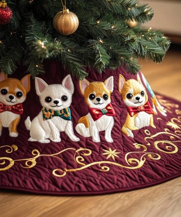 Personalized Chihuahua Christmas Tree Skirt With Wine Gold Hem — Custom Holiday Tree Skirt, Handmade Small Dog Themed Decor