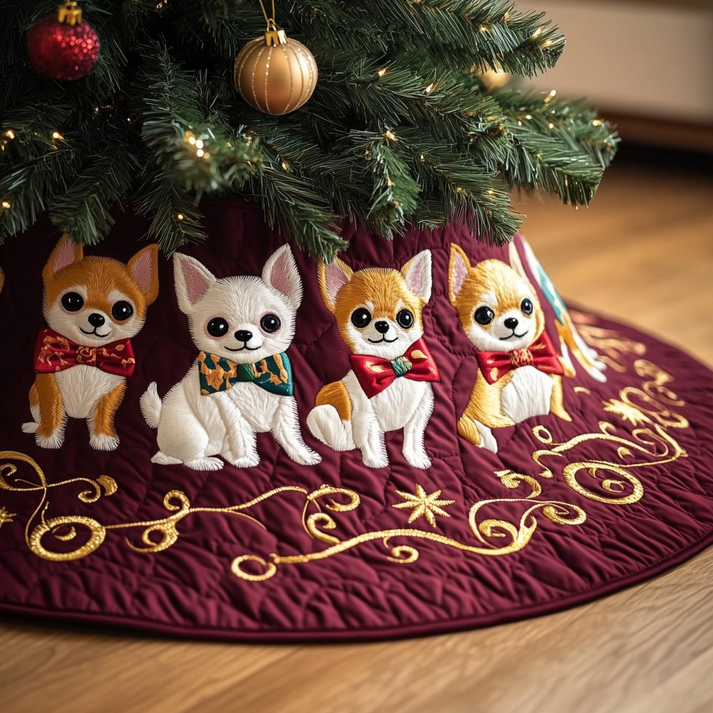 Personalized Chihuahua Christmas Tree Skirt With Wine Gold Hem — Custom Holiday Tree Skirt, Handmade Small Dog Themed Decor