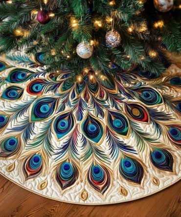 Blue-Green Dense Peacock Fan Christmas Tree Skirt — Custom Handmade Jewel-Tone Skirt For Elegant Holidays