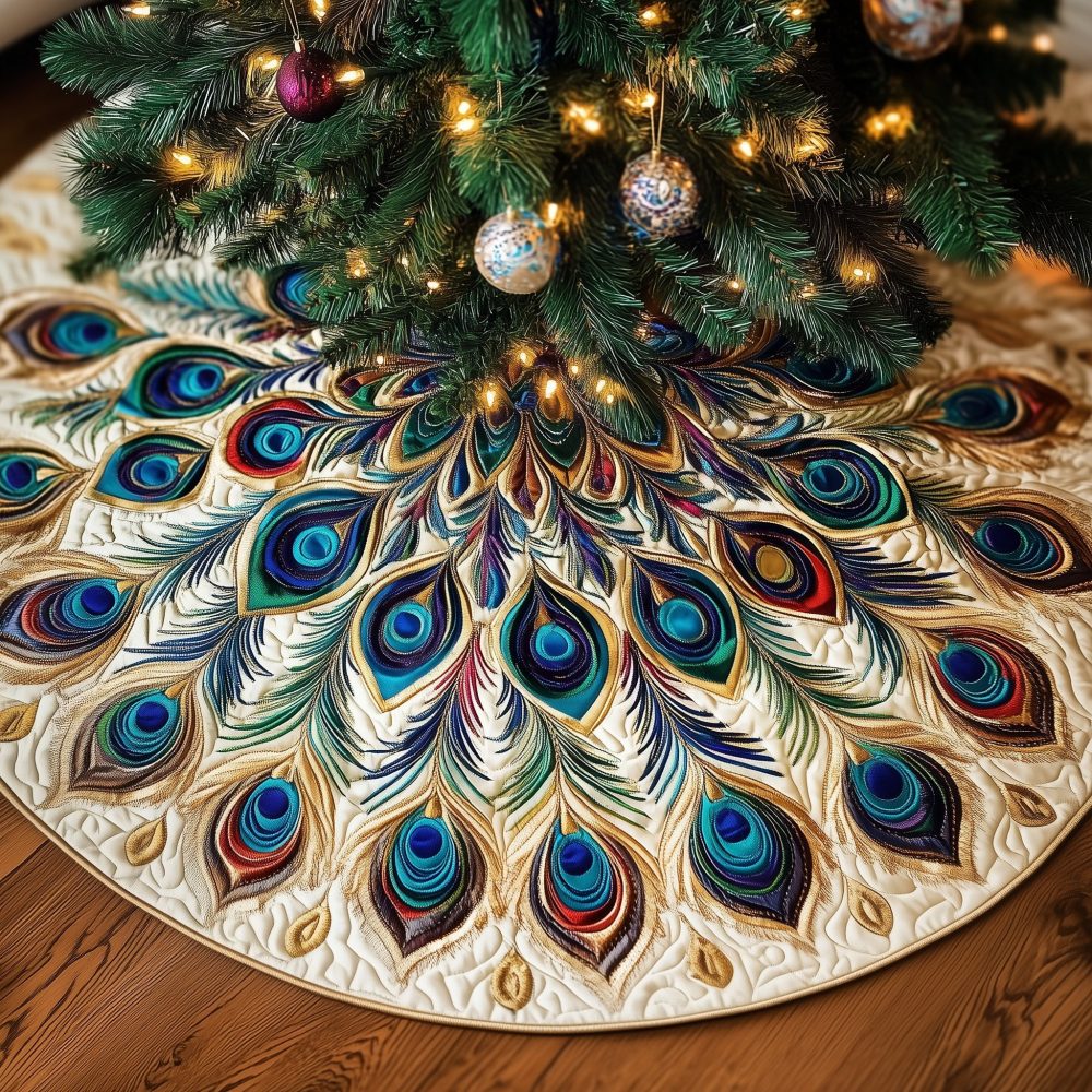 Blue-Green Dense Peacock Fan Christmas Tree Skirt — Custom Handmade Jewel-Tone Skirt For Elegant Holidays