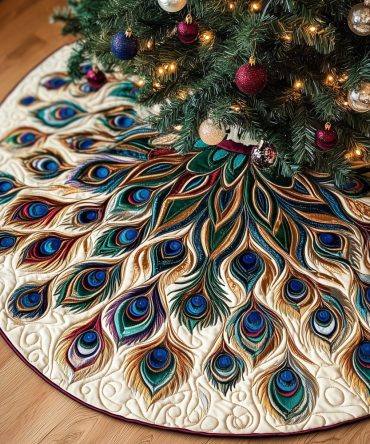 Cream Christmas Tree Skirt With Teal Peacock Fan — Custom Handmade Holiday Skirt, Soft Neutral With Jewel Accent