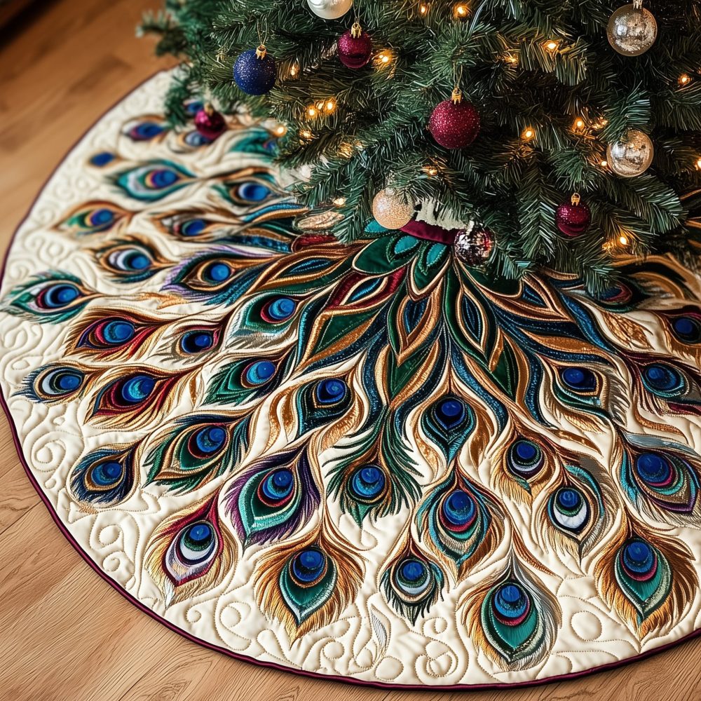 Cream Christmas Tree Skirt With Teal Peacock Fan — Custom Handmade Holiday Skirt, Soft Neutral With Jewel Accent