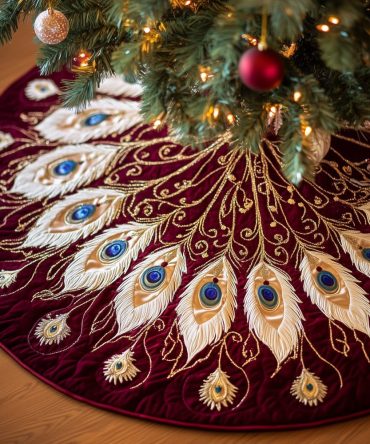 Burgundy Velvet Christmas Tree Skirt With Peacock Plumes — Handmade Custom Skirt For Luxurious Holiday Décor