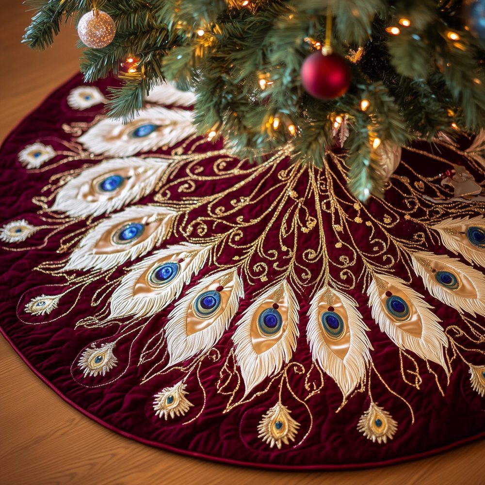 Burgundy Velvet Christmas Tree Skirt With Peacock Plumes — Handmade Custom Skirt For Luxurious Holiday Décor