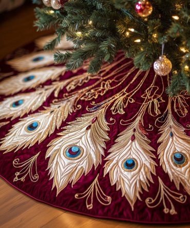 Deep Red Christmas Tree Skirt With White Peacock Plumes — Custom Handmade Velvet-Look Holiday Skirt