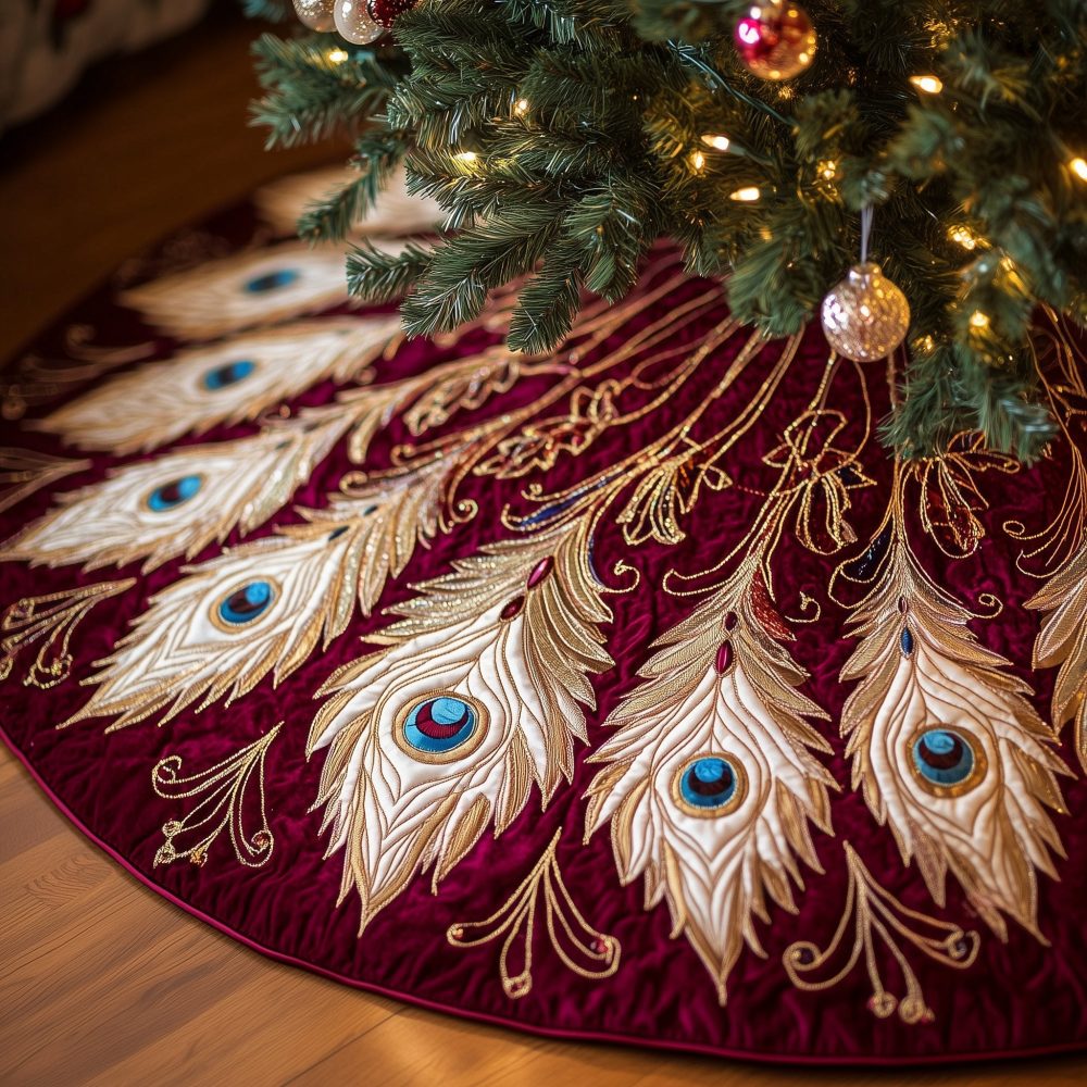 Deep Red Christmas Tree Skirt With White Peacock Plumes — Custom Handmade Velvet-Look Holiday Skirt