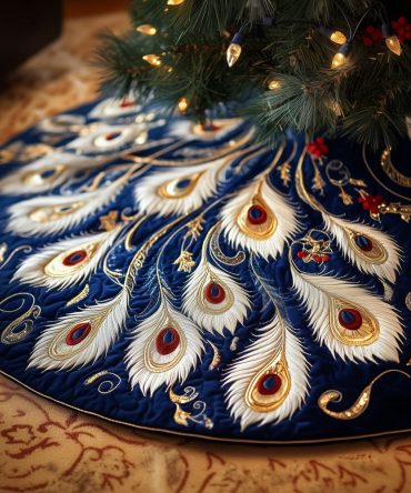 Navy Christmas Tree Skirt With White And Gold Peacock Plumes — Custom Handmade, Elegant Holiday Centerpiece