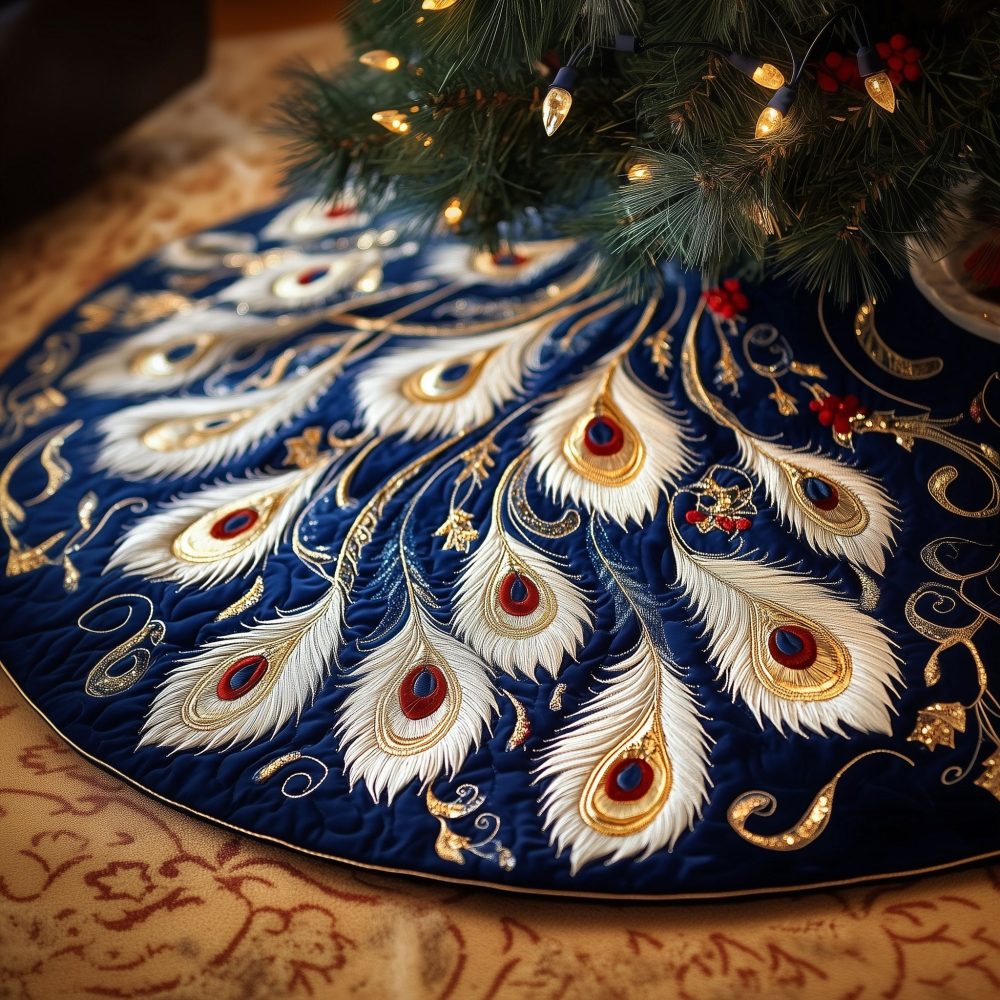 Navy Christmas Tree Skirt With White And Gold Peacock Plumes — Custom Handmade, Elegant Holiday Centerpiece