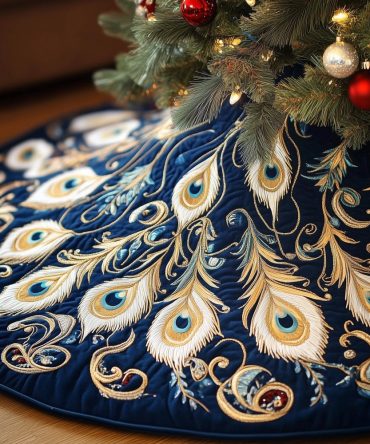 Navy Christmas Tree Skirt With Golden Peacock Plumes — Luxurious Custom-Made Holiday Skirt, Rich Décor Accent