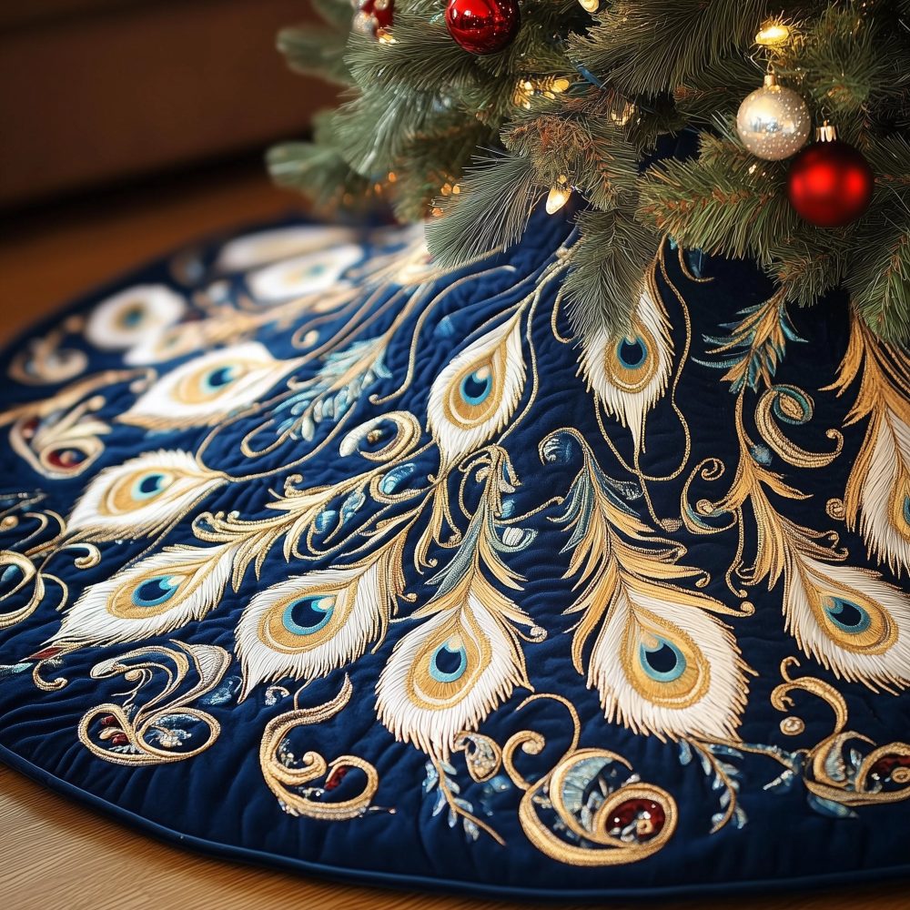 Navy Christmas Tree Skirt With Golden Peacock Plumes — Luxurious Custom-Made Holiday Skirt, Rich Décor Accent