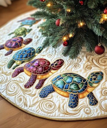 Cream Swirl Christmas Tree Skirt With Jewel-Colored Turtles — Elegant Handcrafted Holiday Decor, Vibrant Coastal Accent Made To Order