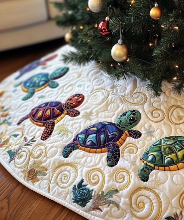 Elegant Gold Swirl Turtle Christmas Tree Skirt On White Background — Custom Holiday Decor, Luxurious Nautical & Coastal Accent