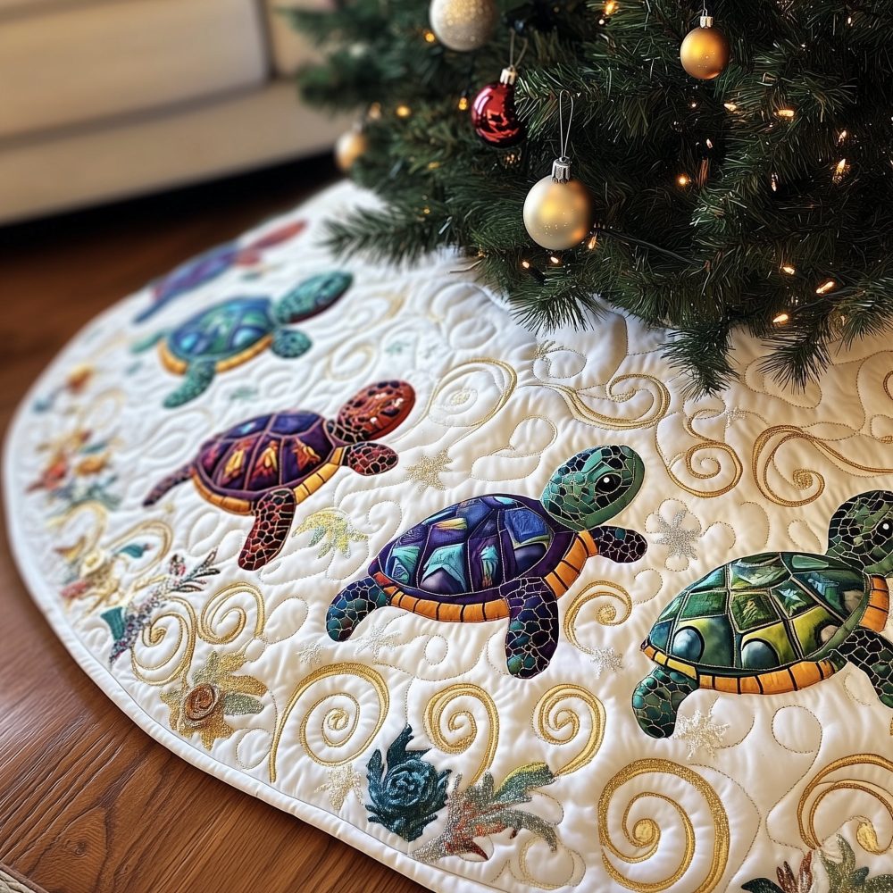 Elegant Gold Swirl Turtle Christmas Tree Skirt On White Background — Custom Holiday Decor, Luxurious Nautical & Coastal Accent