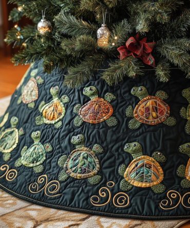 Dark Teal Christmas Tree Skirt With Small Turtle Pattern — Custom Coastal Holiday Skirt, Handmade Accent For Beach Homes & Gifts